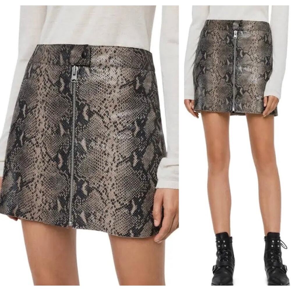 ALL SAINTS Lena Oba snake print leather skirt US 8 UK 12 EU 40 mini zip gray